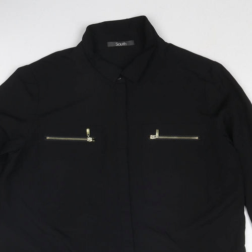South Womens Black Polyester Basic Button-Up Size 10 Collared