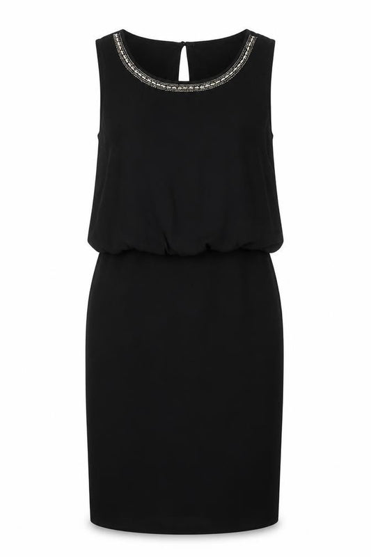 Front view of VILA women’s black polyester a-line, size S, round neck button