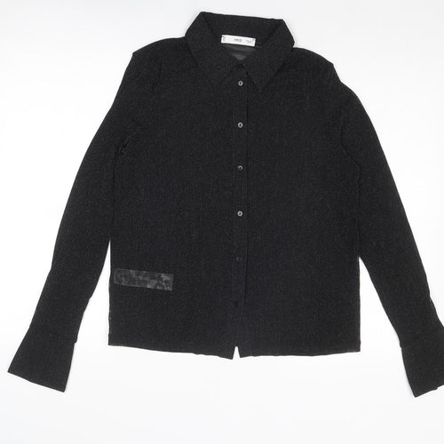 Mango Womens Black Polyamide Basic Button-Up Size L Collared