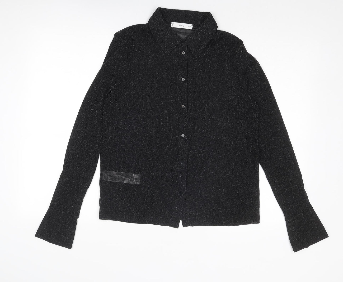 Mango Womens Black Polyamide Basic Button-Up Size L Collared