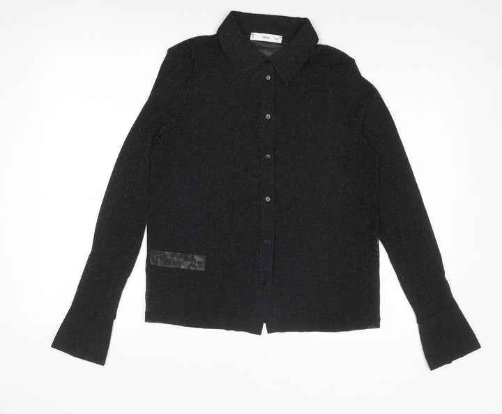 Mango Womens Black Polyamide Basic Button-Up Size L Collared