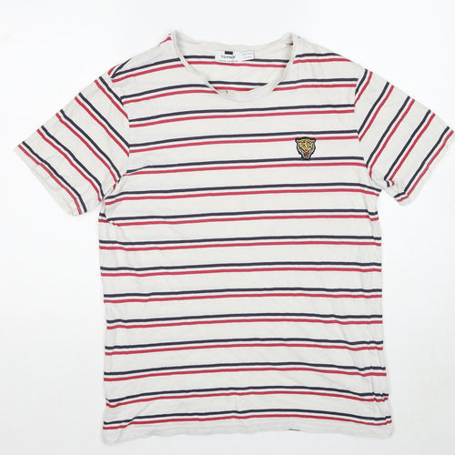 Topman Mens White Striped Cotton T-Shirt Size M Round Neck
