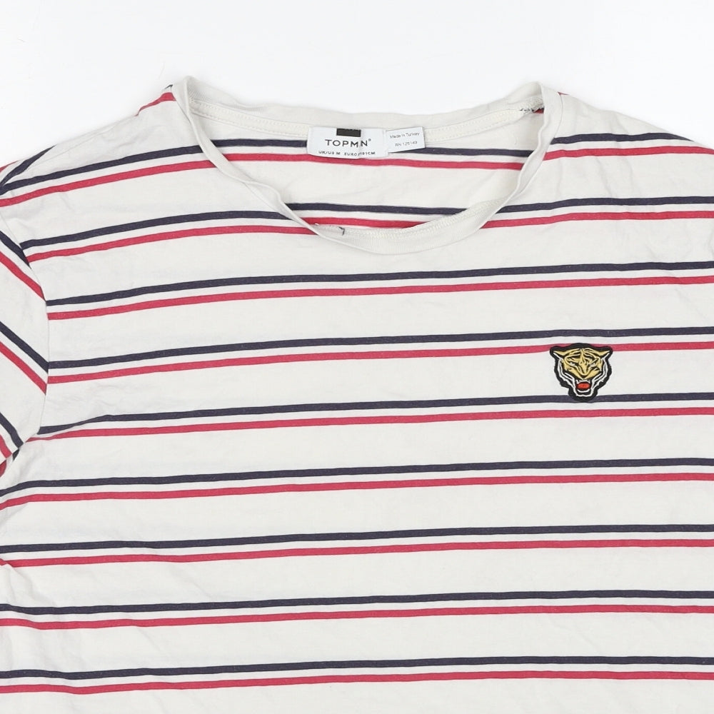 Topman Mens White Striped Cotton T-Shirt Size M Round Neck