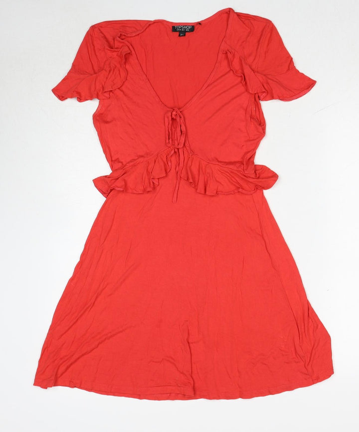 Topshop Womens Red Viscose A-Line Size 6 V-Neck Pullover