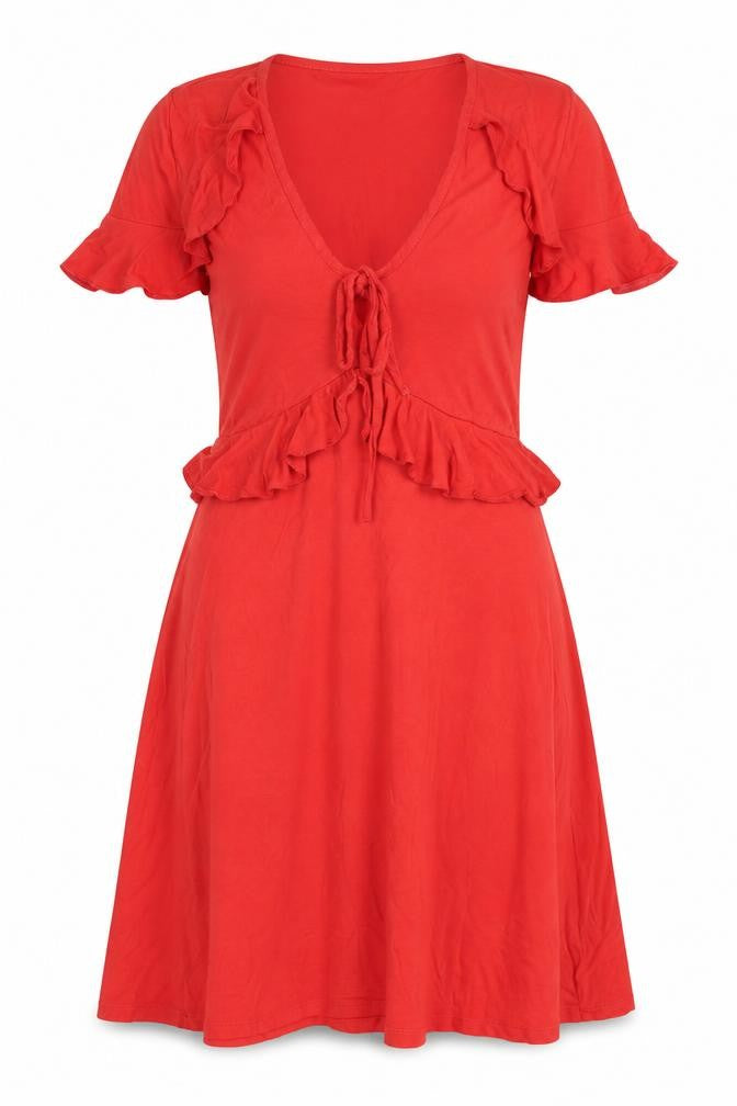 Front view of Topshop women’s red viscose a-line, size UK 6, v-neck pullover