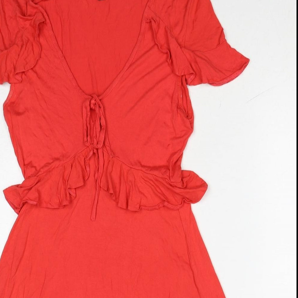 Topshop Womens Red Viscose A-Line Size 6 V-Neck Pullover