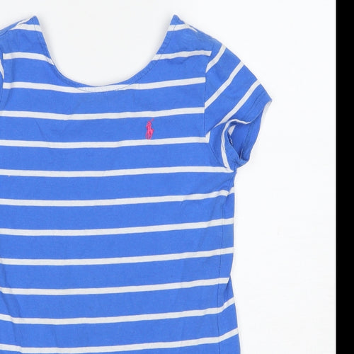 Ralph Lauren Womens Blue Striped Cotton Basic T-Shirt Size 8 Boat Neck
