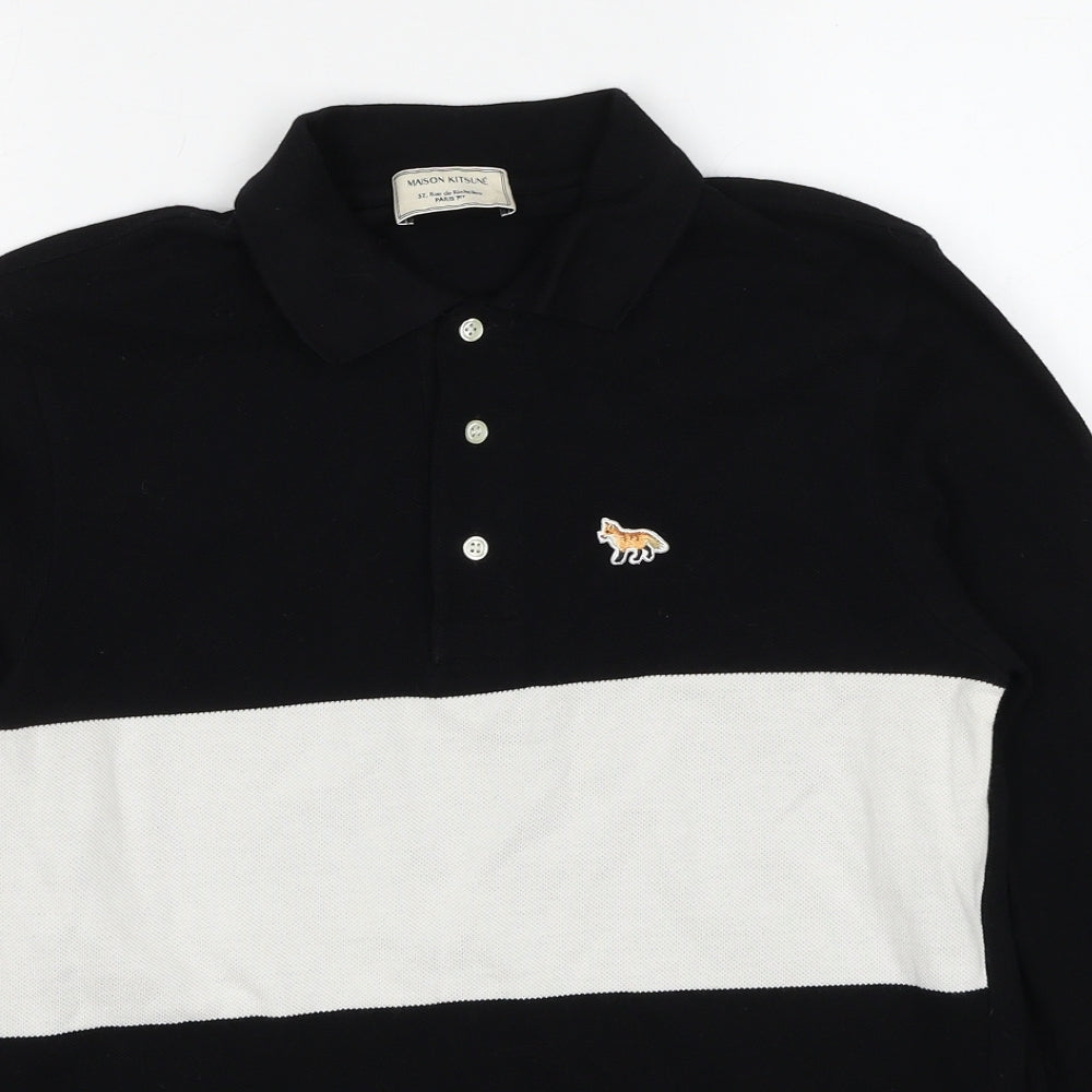 Maison Kitsune Mens Black Striped Cotton Polo Size M Collared Pullover
