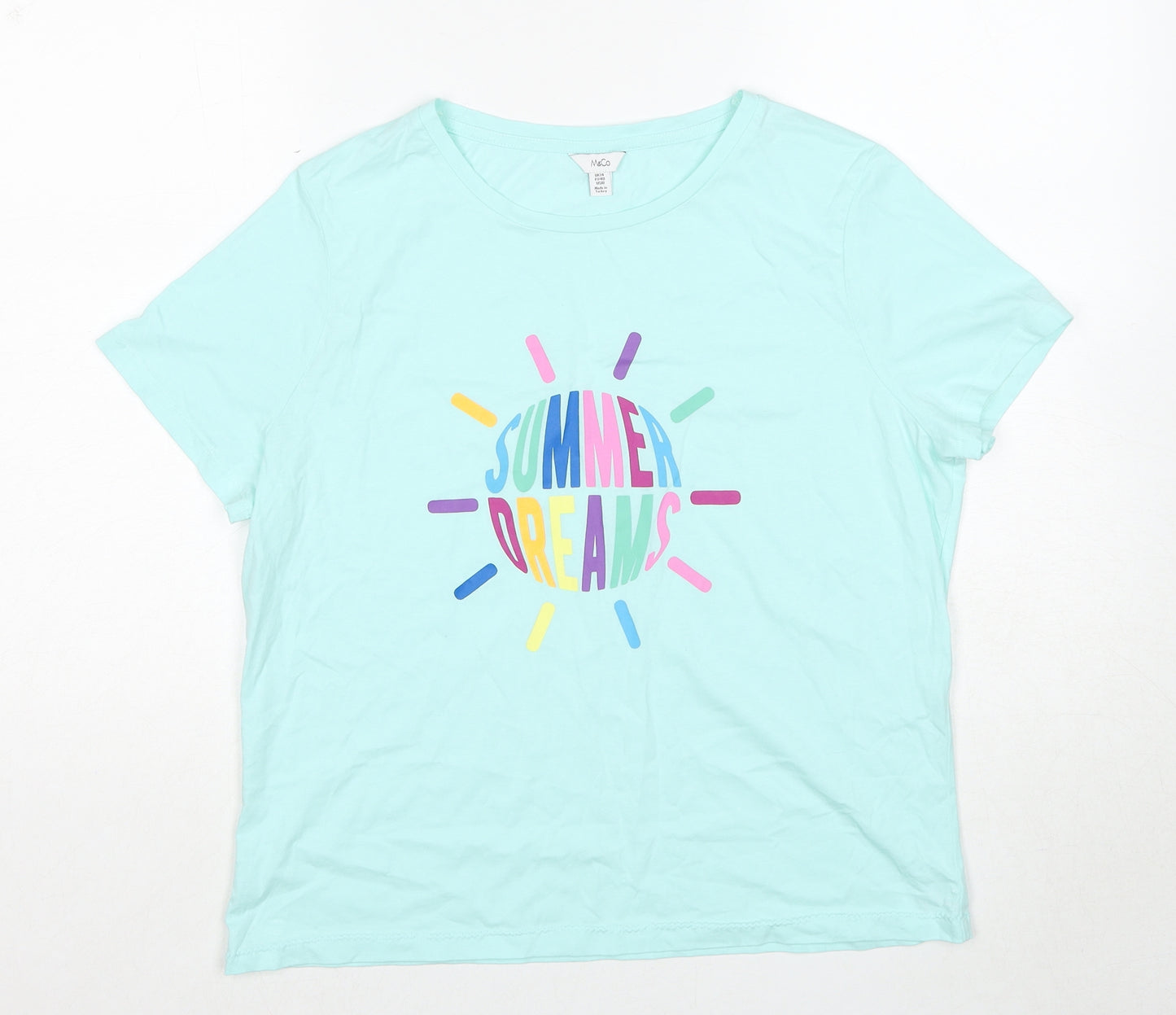 M&Co Womens Blue Cotton Basic T-Shirt Size 14 Round Neck - Summer Dreams