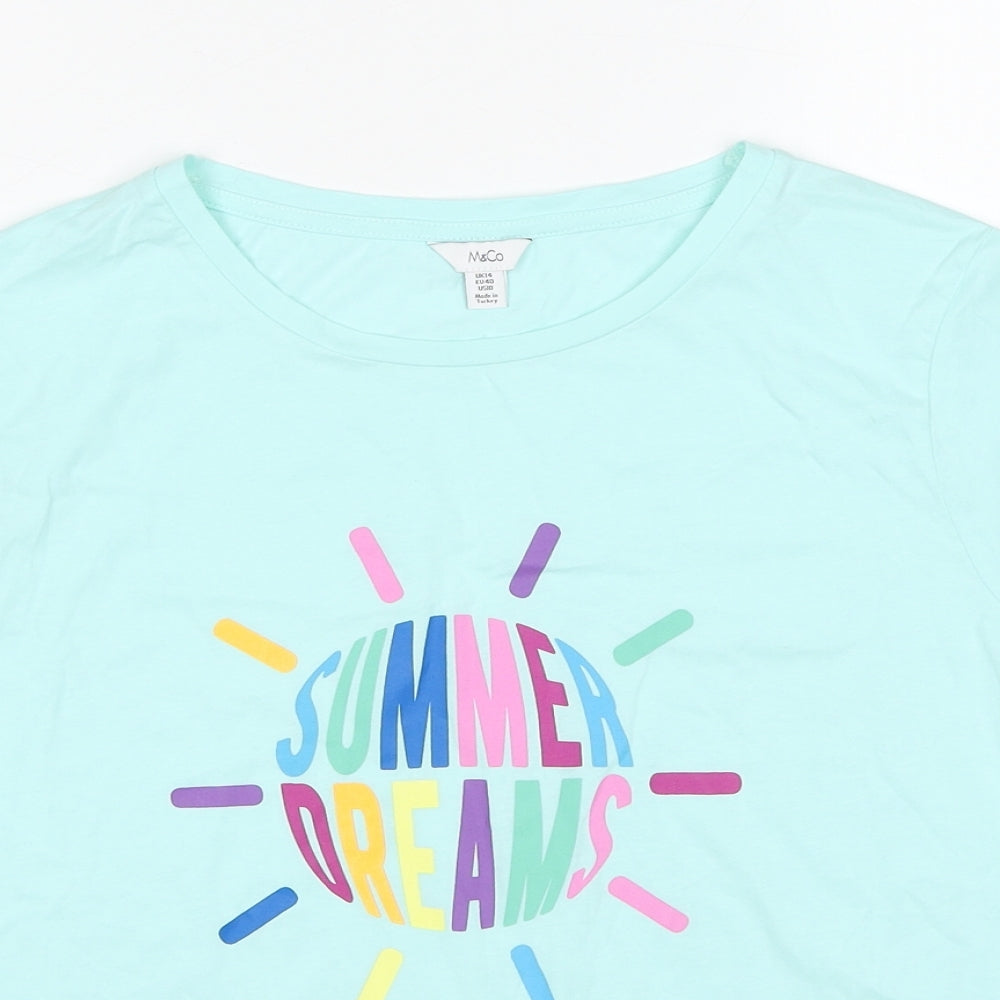 M&Co Womens Blue Cotton Basic T-Shirt Size 14 Round Neck - Summer Dreams