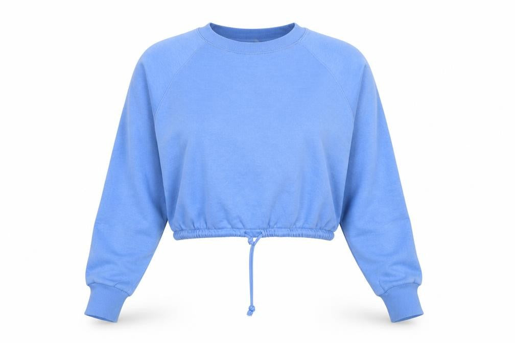 Front view of H&M women’s blue cotton pullover sweatshirt, size S, pullover - drawstring waist