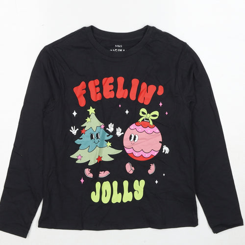 Marks and Spencer Girls Black Cotton Basic T-Shirt Size 8-9 Years Round Neck Pullover - Feeling Jolly