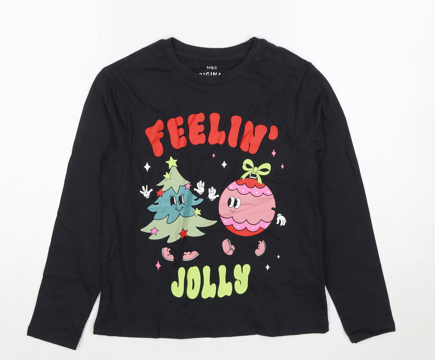 Marks and Spencer Girls Black Cotton Basic T-Shirt Size 8-9 Years Round Neck Pullover - Feeling Jolly