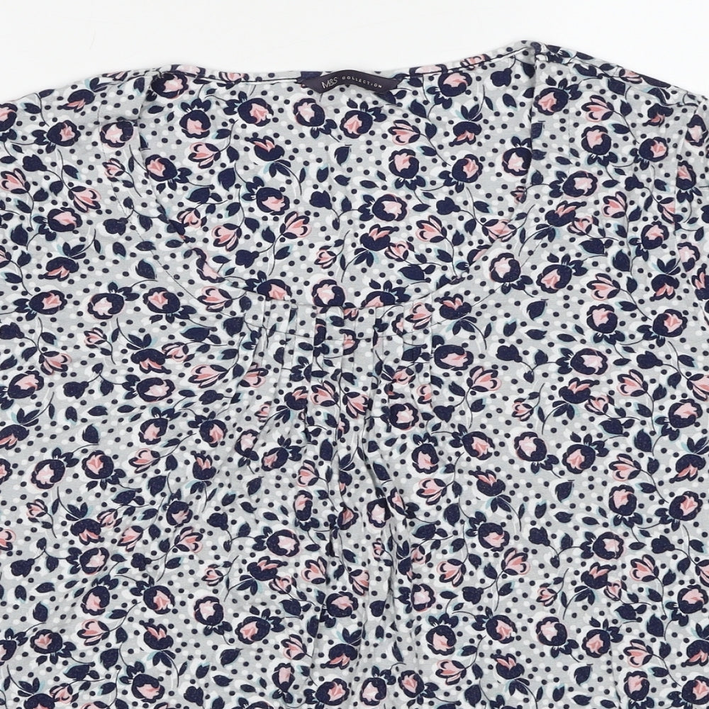 Marks and Spencer Womens Blue Floral Viscose Basic T-Shirt Size 22 Round Neck