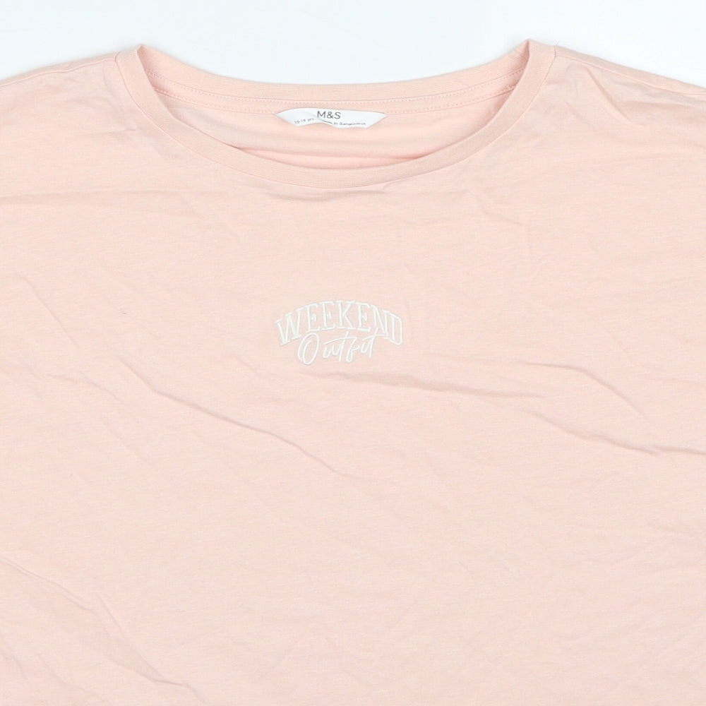 Marks and Spencer Girls Pink Cotton Basic T-Shirt Size 15-16 Years Round Neck Pullover - Weekend Outfit