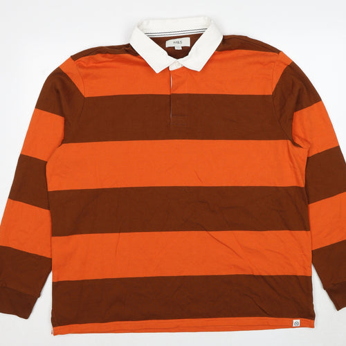 Marks and Spencer Mens Orange Striped Cotton Polo Size 2XL Collared Pullover