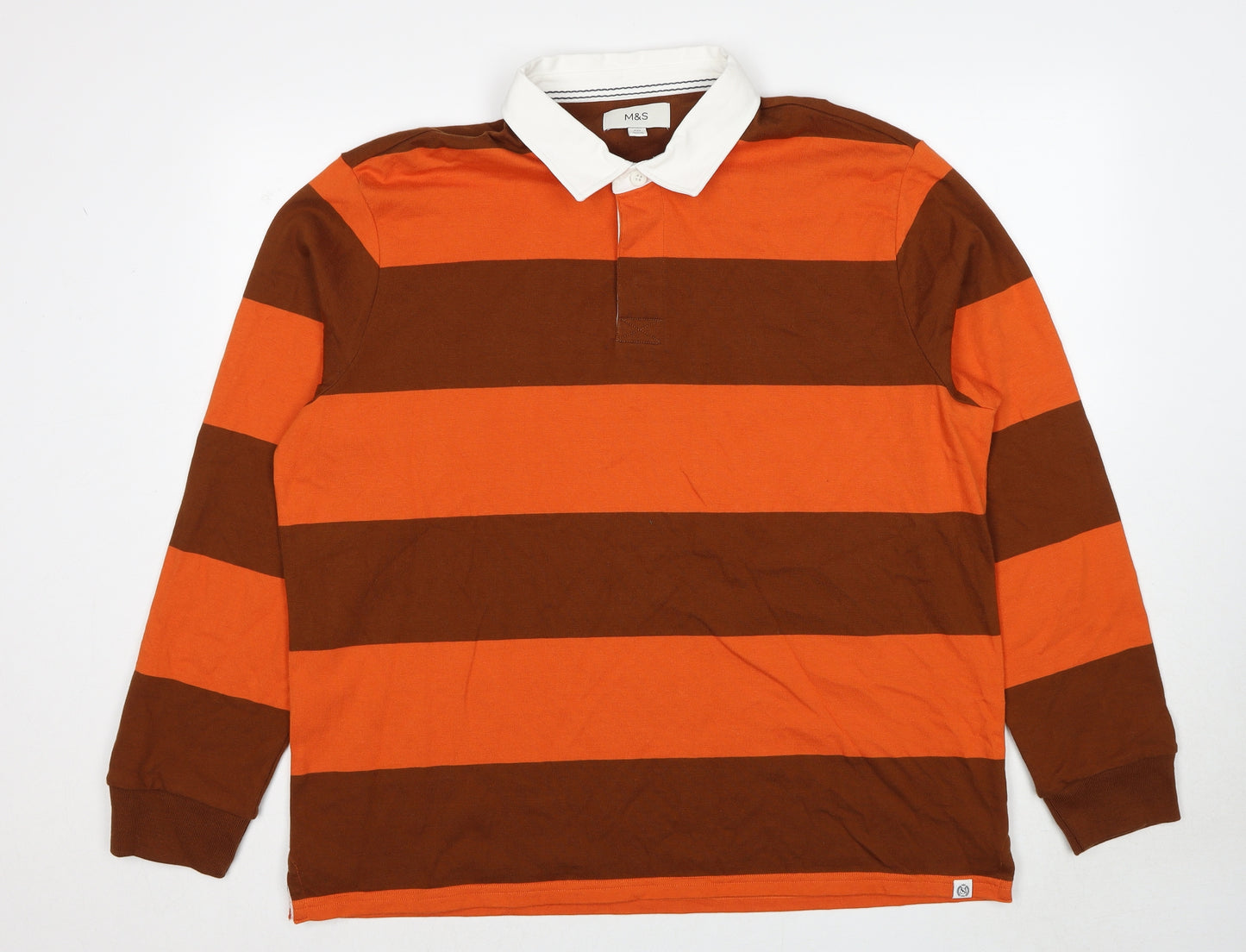 Marks and Spencer Mens Orange Striped Cotton Polo Size 2XL Collared Pullover
