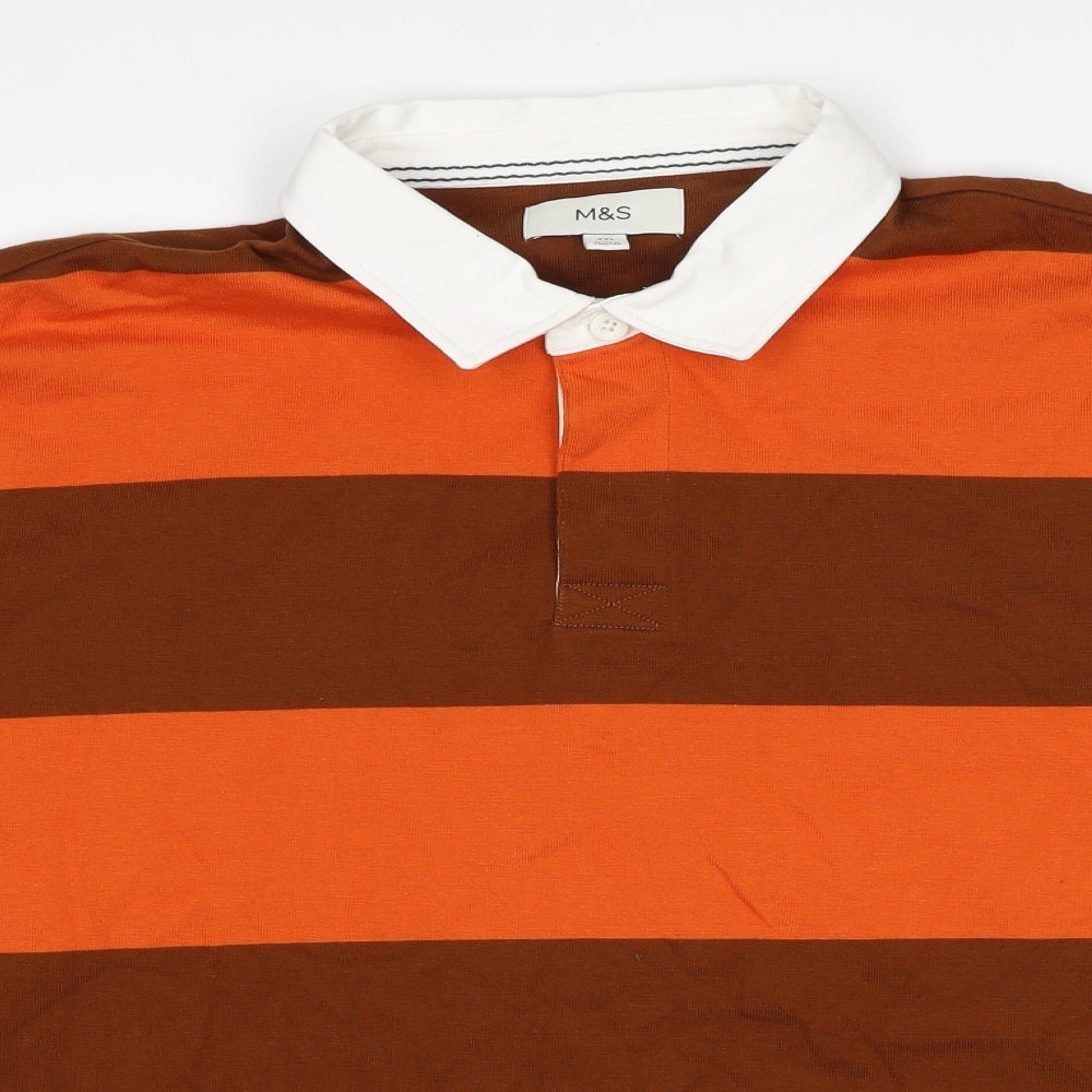 Marks and Spencer Mens Orange Striped Cotton Polo Size 2XL Collared Pullover