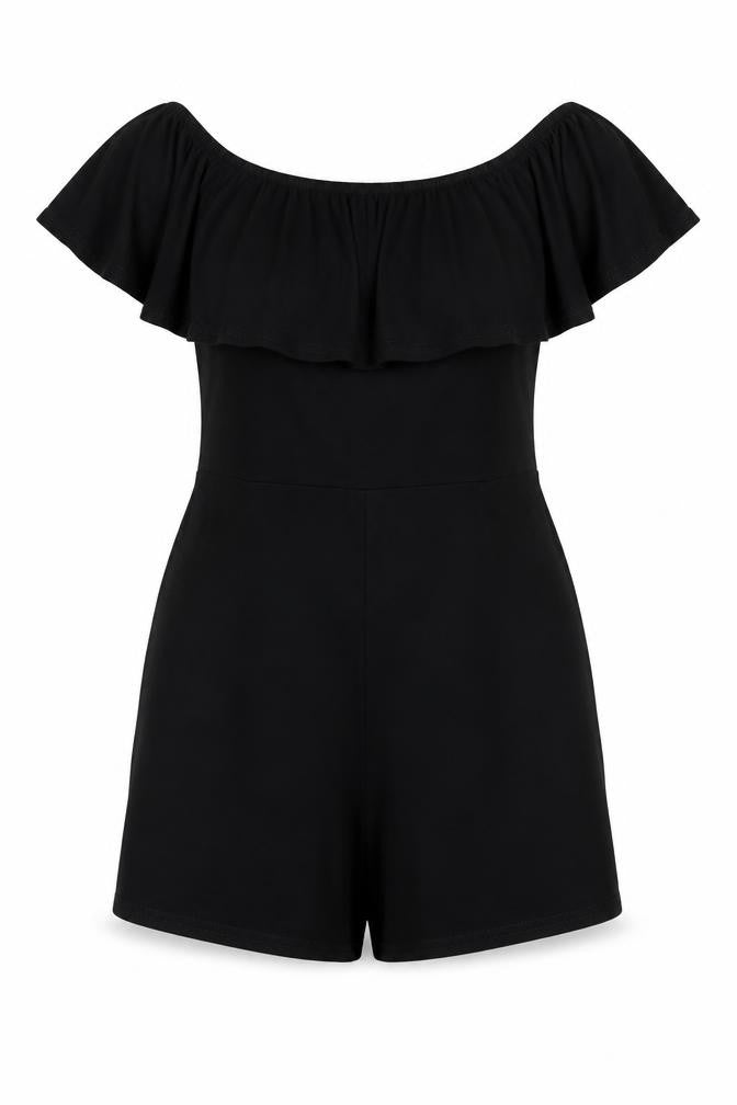 Front view of Missguided women’s black viscose playsuit one-piece, size UK 8, pullover