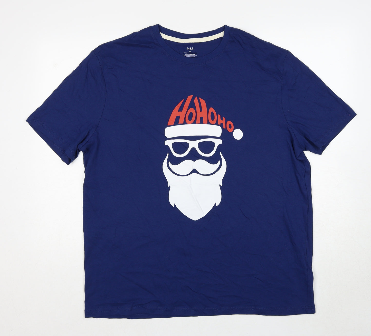 Marks and Spencer Mens Blue Cotton T-Shirt Size XL Round Neck - Ho Ho Ho Christmas