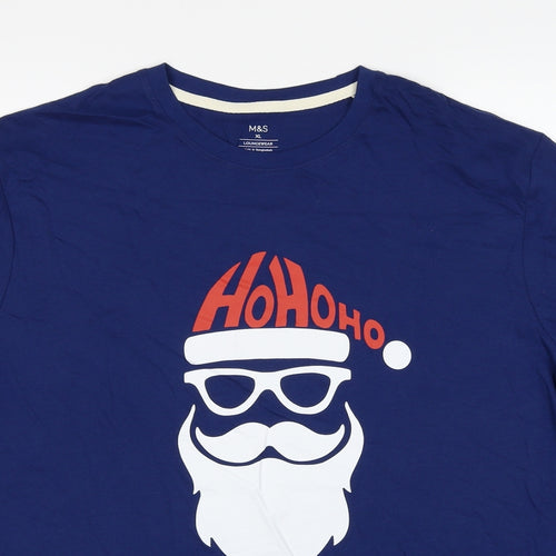 Marks and Spencer Mens Blue Cotton T-Shirt Size XL Round Neck - Ho Ho Ho Christmas
