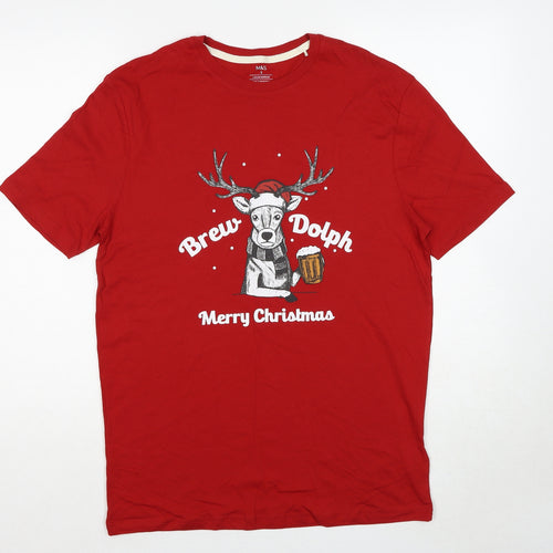 Marks and Spencer Mens Red Cotton T-Shirt Size S Round Neck - Brew-Dolph Christmas