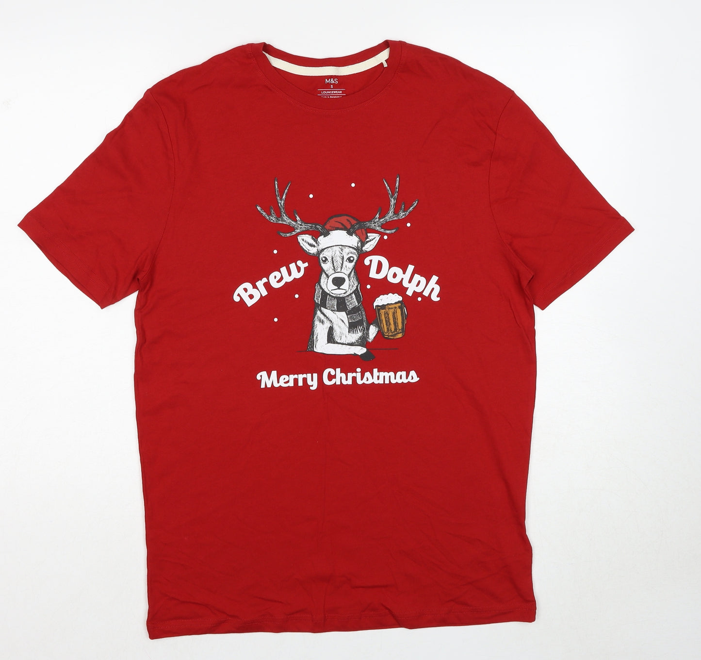 Marks and Spencer Mens Red Cotton T-Shirt Size S Round Neck - Brew-Dolph Christmas