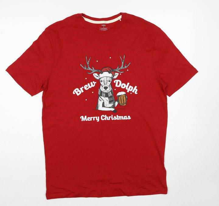 Marks and Spencer Mens Red Cotton T-Shirt Size S Round Neck - Brew-Dolph Christmas