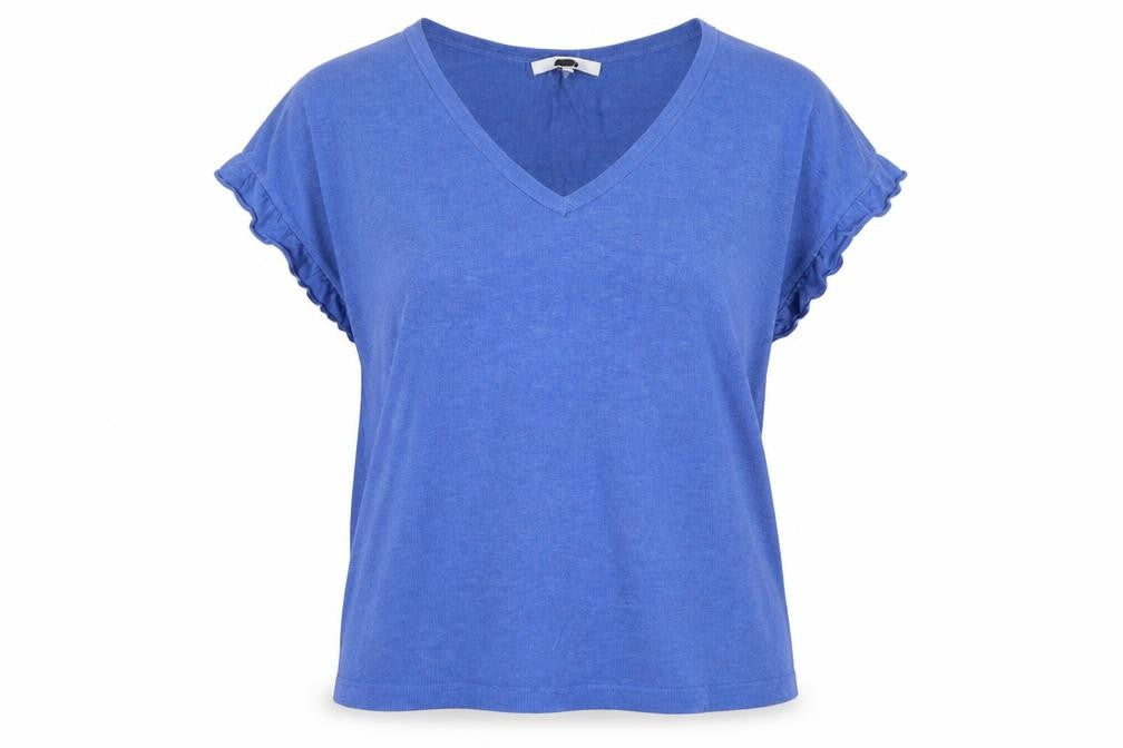 Front view of Next women’s blue acrylic basic t-shirt, size L, v-neck