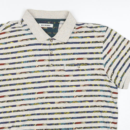 Ben Sherman Mens Beige Striped Cotton Polo Size XL Collared Pullover