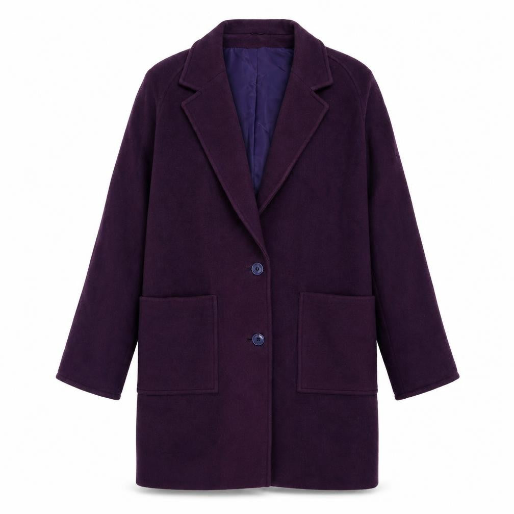 Front view of Planet women’s purple overcoat coat, size UK 10, button