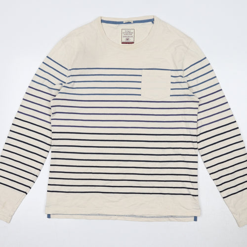 Fat Face Mens Ivory Round Neck Striped Cotton Pullover Jumper Size M Long Sleeve
