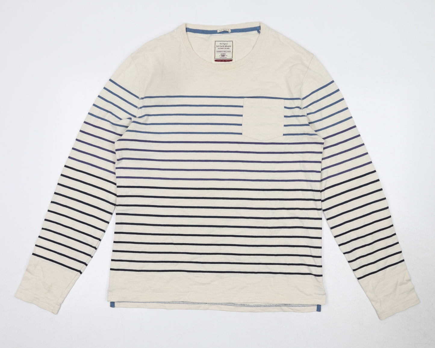 Fat Face Mens Ivory Round Neck Striped Cotton Pullover Jumper Size M Long Sleeve