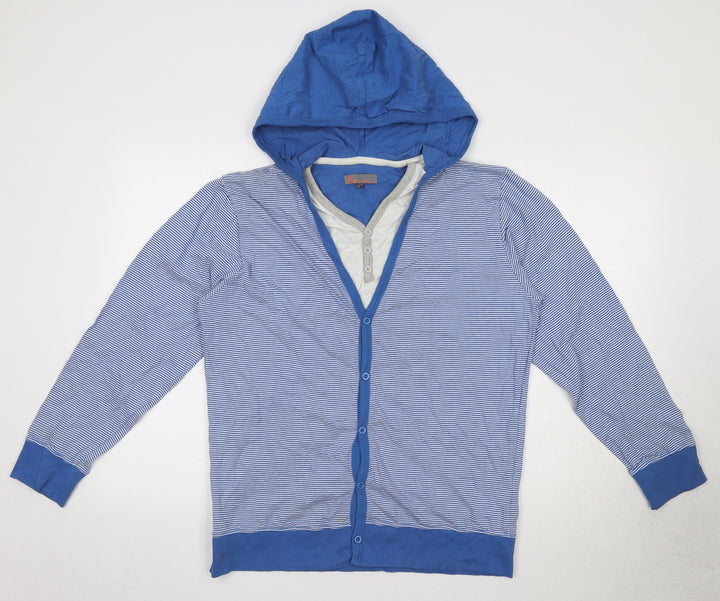Blue Inc Mens Blue Round Neck Striped Polyester Cardigan Jumper Size L Long Sleeve