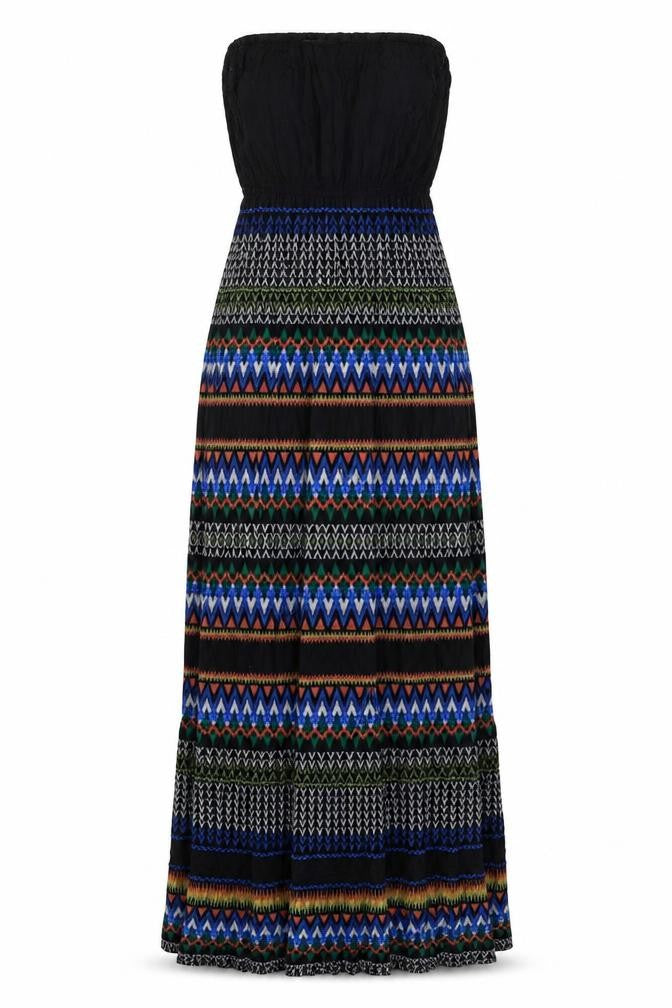 Front view of New Look women’s black geometric viscose maxi, size UK 8, square neck pullover - strapless