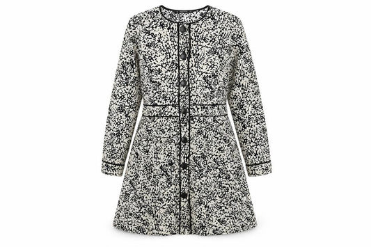 Front view of Zara women’s ivory animal print polyester a-line, size S, boat neck button