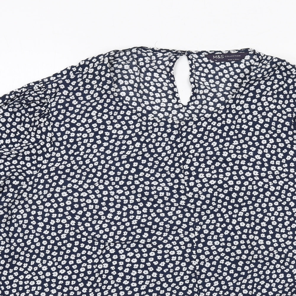 Marks and Spencer Womens Blue Geometric Viscose Basic Blouse Size 24 Round Neck
