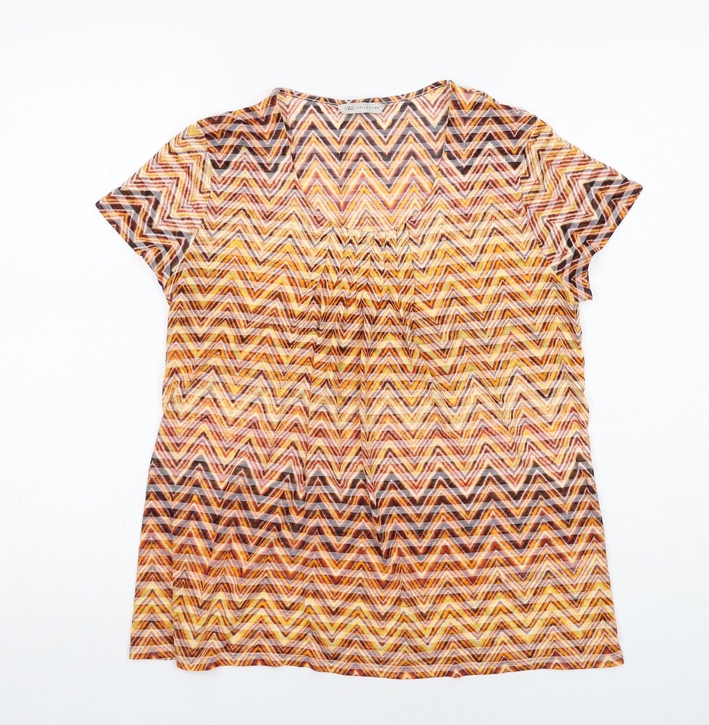 Marks and Spencer Womens Orange Geometric Polyester Basic T-Shirt Size 12 Scoop Neck