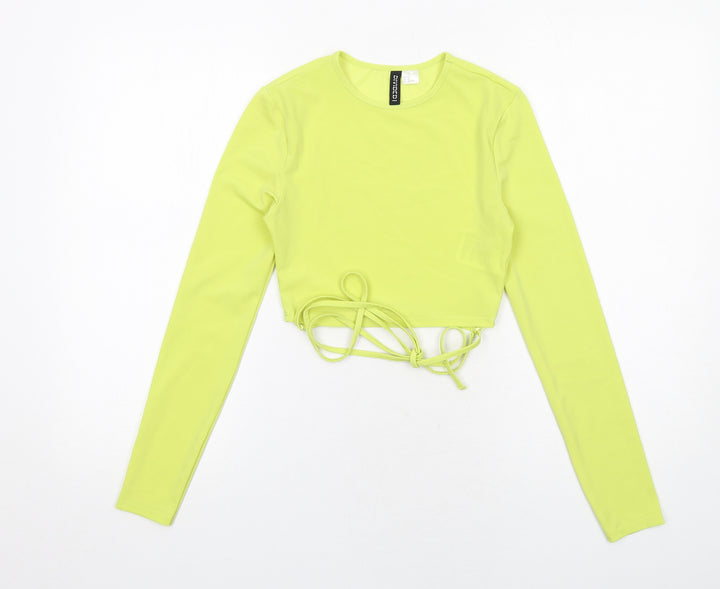 H&M Womens Yellow Polyester Cropped T-Shirt Size XS Crew Neck - Tie Detail