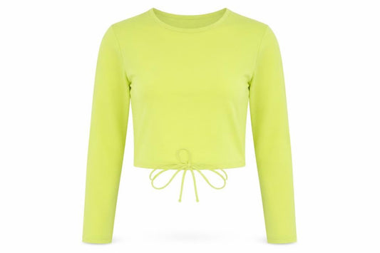 Front view of H&M women’s yellow polyester cropped t-shirt, size XS, crew neck - tie detail