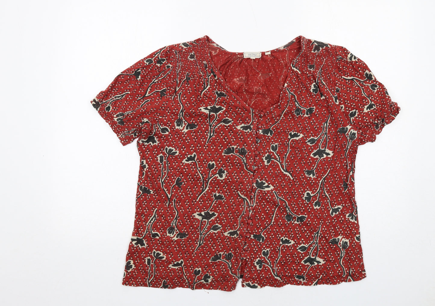 Fat Face Womens Red Floral Cotton Basic Blouse Size 14 V-Neck
