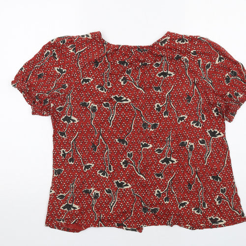 Fat Face Womens Red Floral Cotton Basic Blouse Size 14 V-Neck