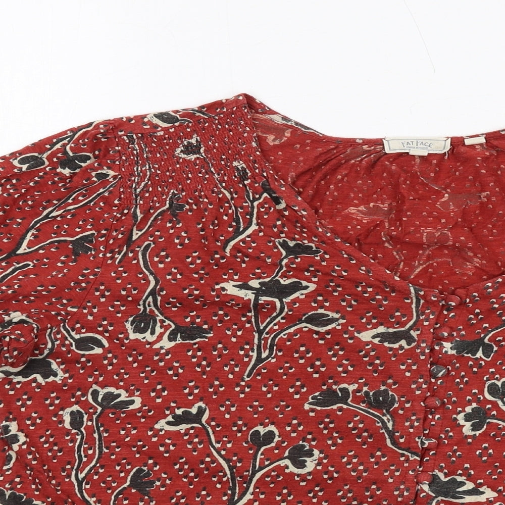 Fat Face Womens Red Floral Cotton Basic Blouse Size 14 V-Neck