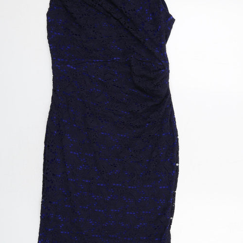 Gina Bacconi Womens Blue Geometric Cotton A-Line Size 12 Off the Shoulder Zip
