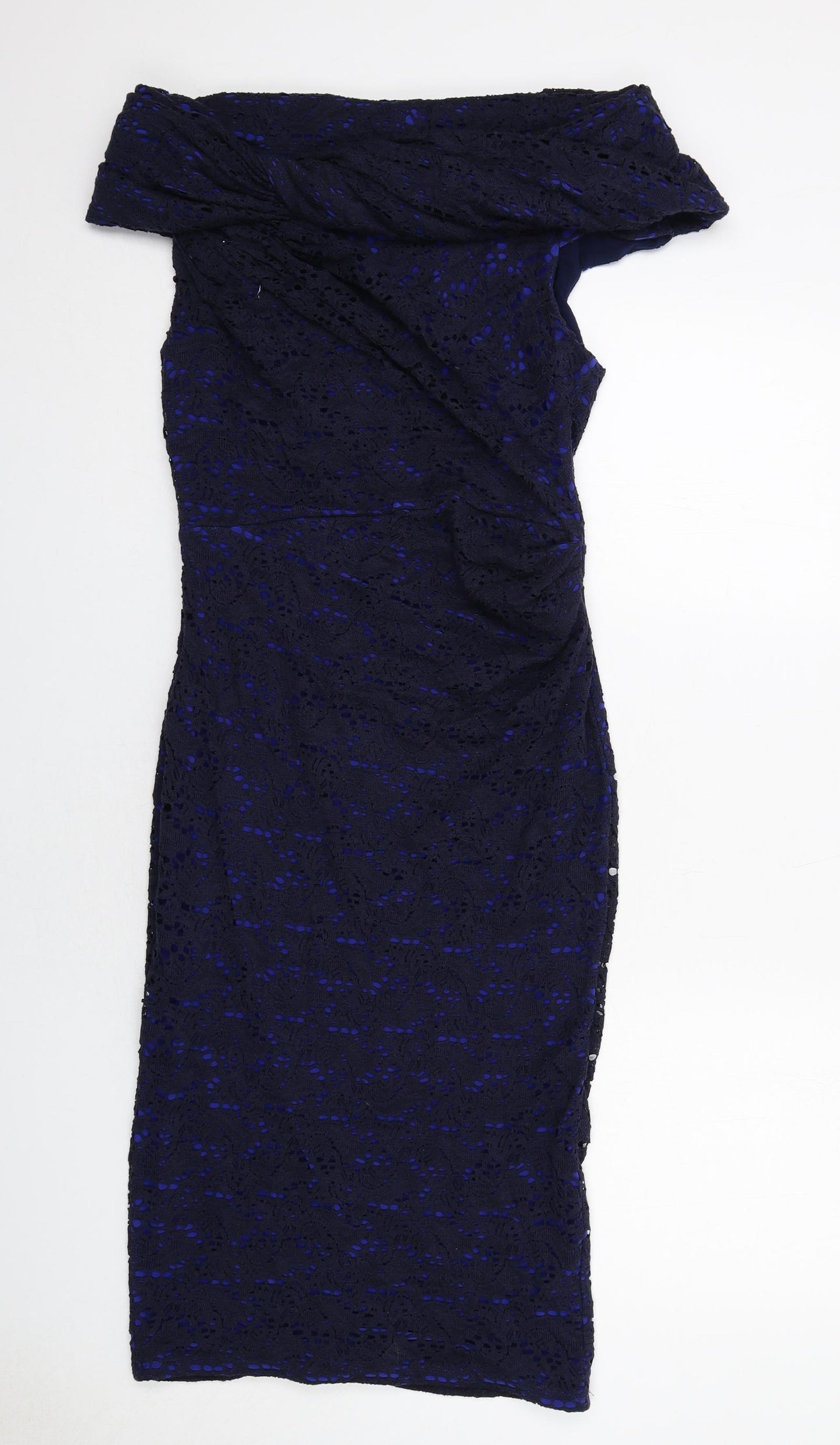 Gina Bacconi Womens Blue Geometric Cotton A-Line Size 12 Off the Shoulder Zip