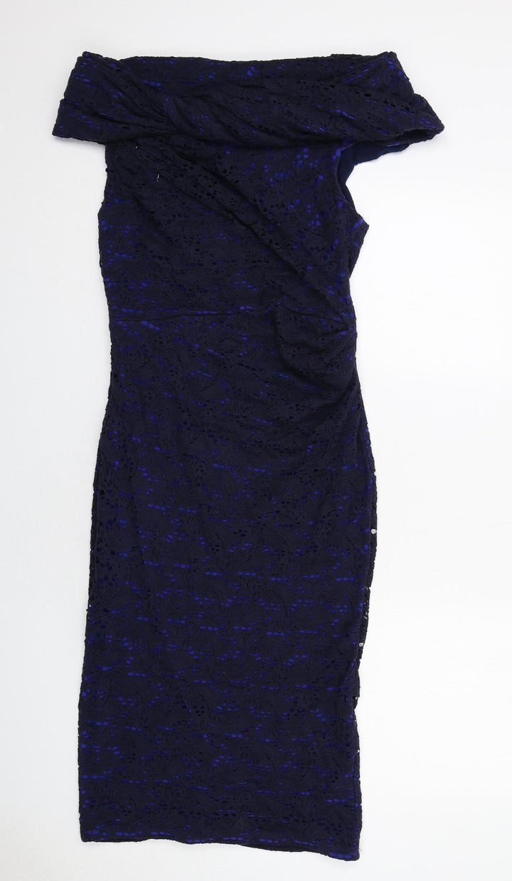 Gina Bacconi Womens Blue Geometric Cotton A-Line Size 12 Off the Shoulder Zip