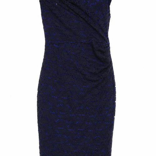 Gina Bacconi Womens Blue Geometric Cotton A-Line Size 12 Off the Shoulder Zip