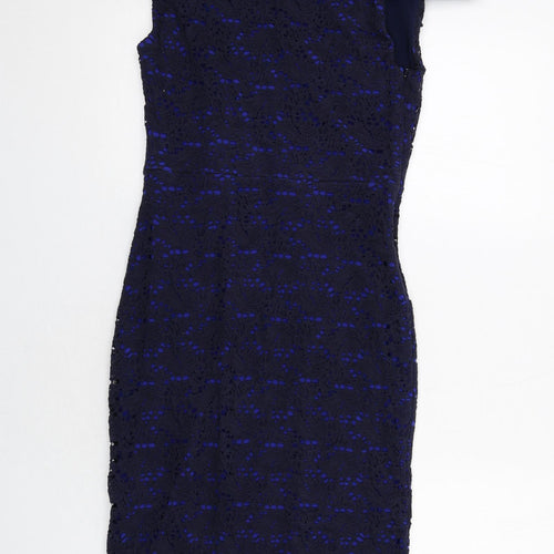 Gina Bacconi Womens Blue Geometric Cotton A-Line Size 12 Off the Shoulder Zip