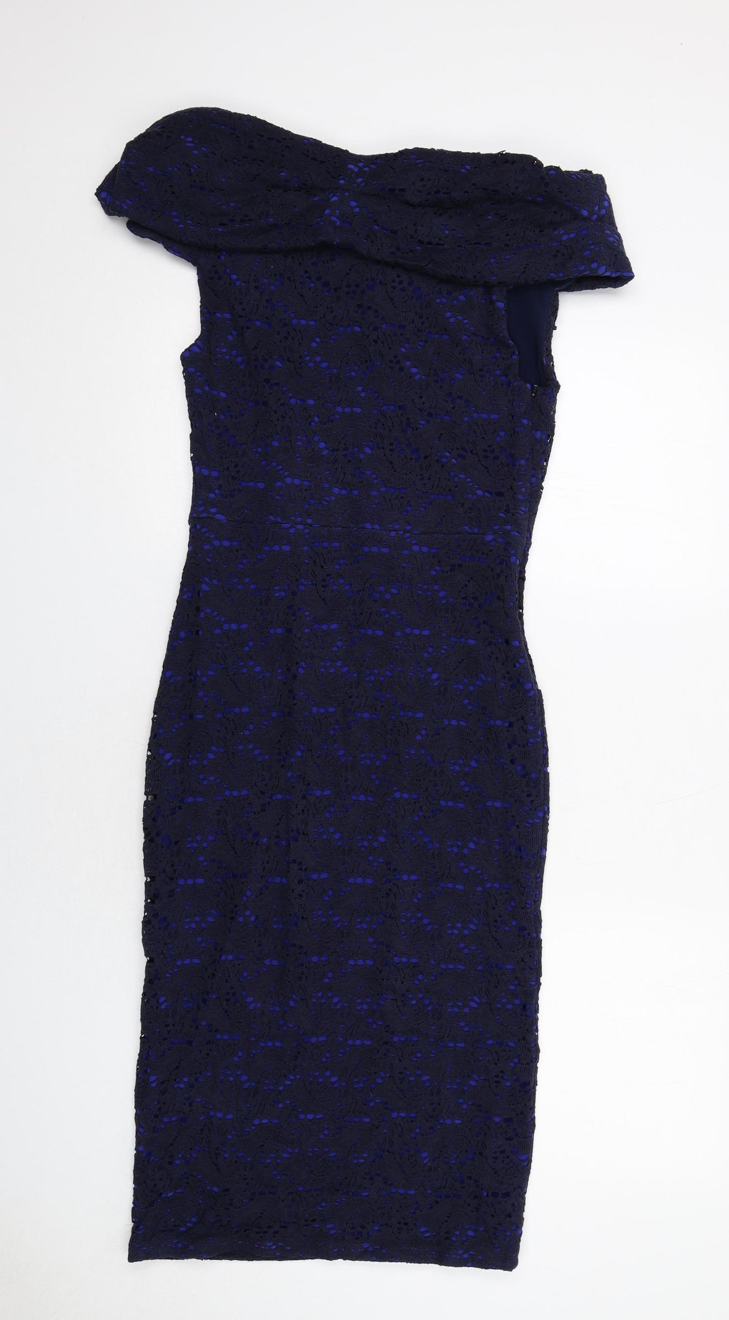 Gina Bacconi Womens Blue Geometric Cotton A-Line Size 12 Off the Shoulder Zip
