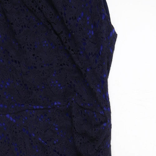 Gina Bacconi Womens Blue Geometric Cotton A-Line Size 12 Off the Shoulder Zip